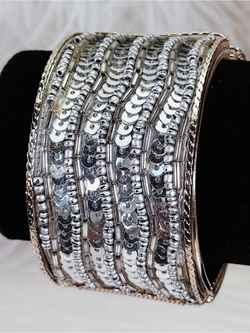 Beautiful Silvertone Sequin Beaded Wideband Hinged Bracelet